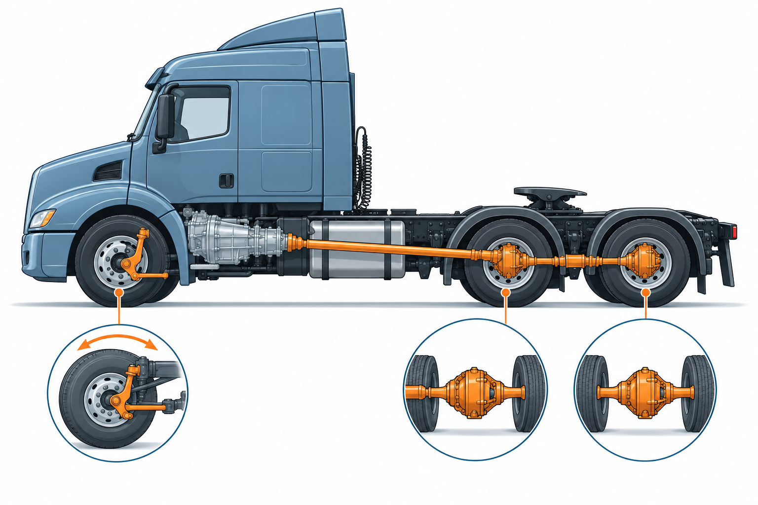 Conceptual diagram showing a three-axle 6x4 tractor truck with a steering front axle and two driven rear axles 6x4-tractor-truck-axle-layout