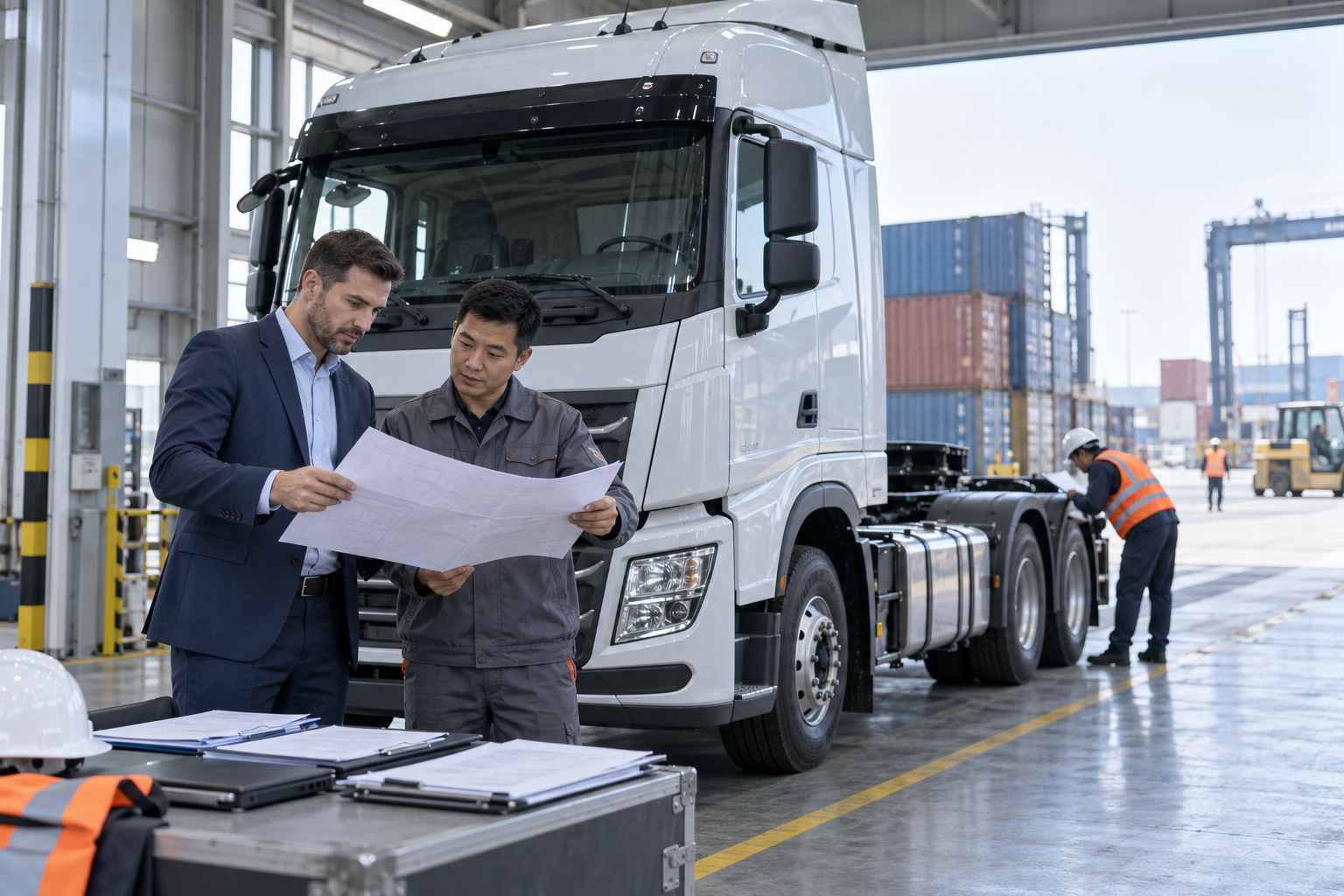 Export buyer reviewing tractor truck specifications and shipping documentation beside a heavy-duty diesel tractor truck export-vehicle-document-review